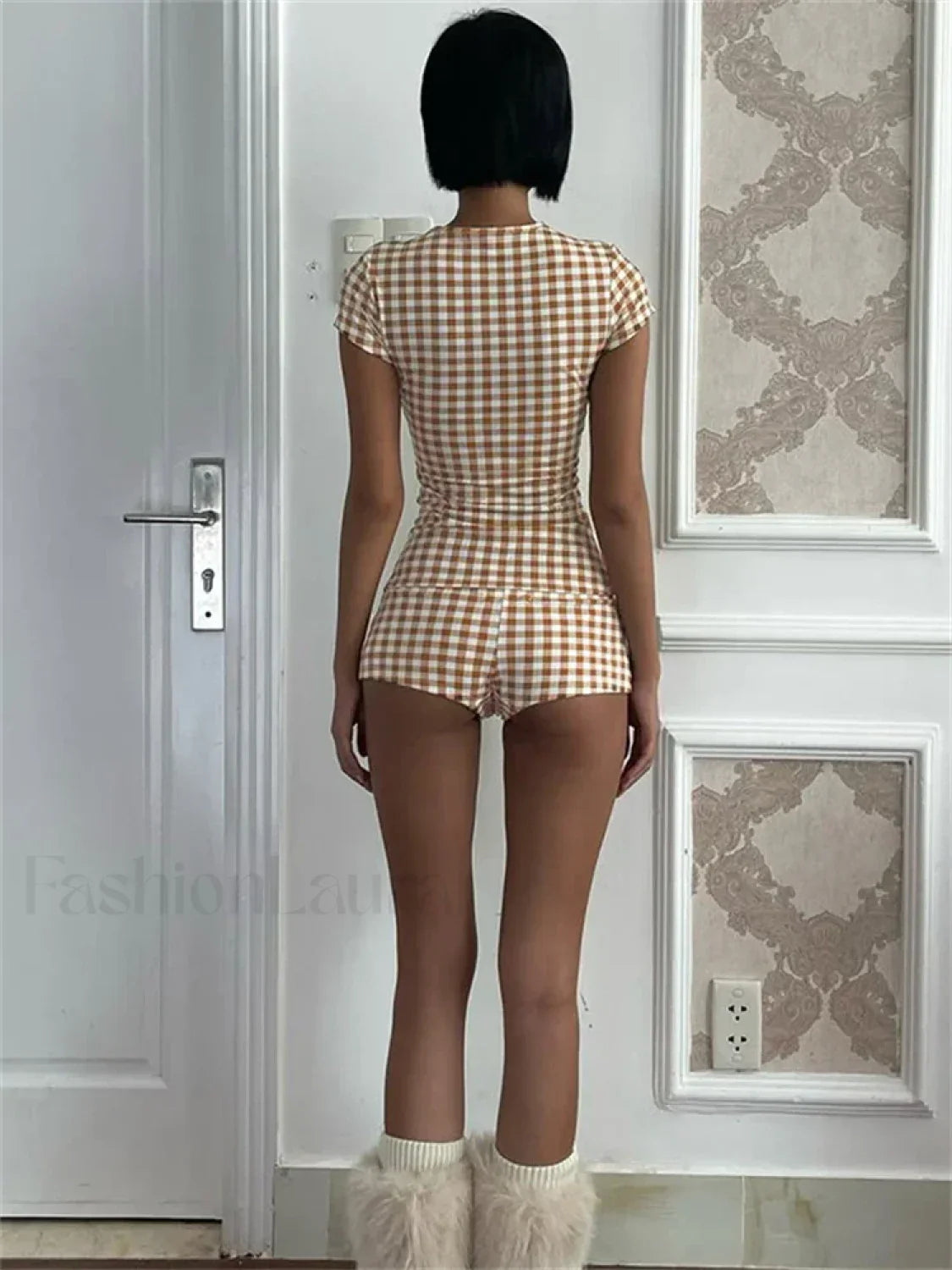 Plaid Short Sleeve Shorts Two Piece Set