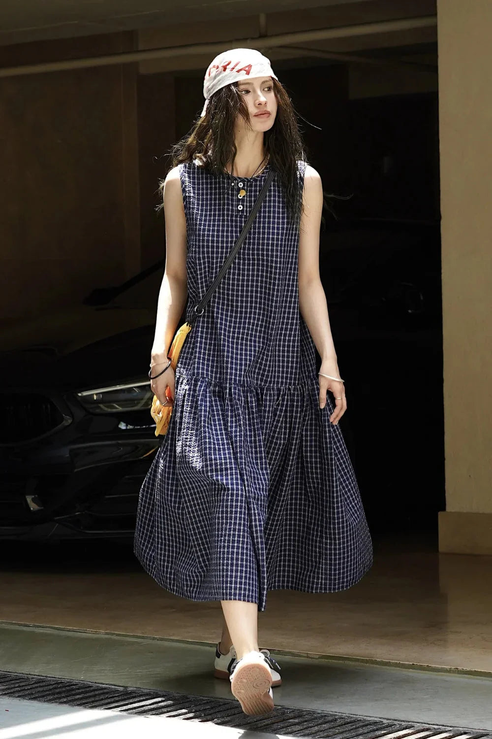 Plaid Sleeveless Loose Waist A-Line Maxi Dress