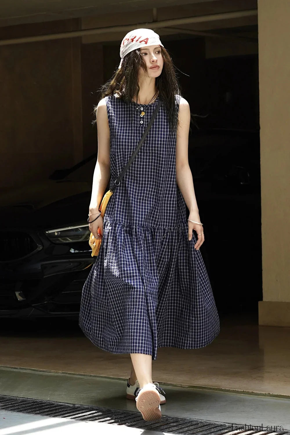 Plaid Sleeveless Loose Waist A-Line Maxi Dress
