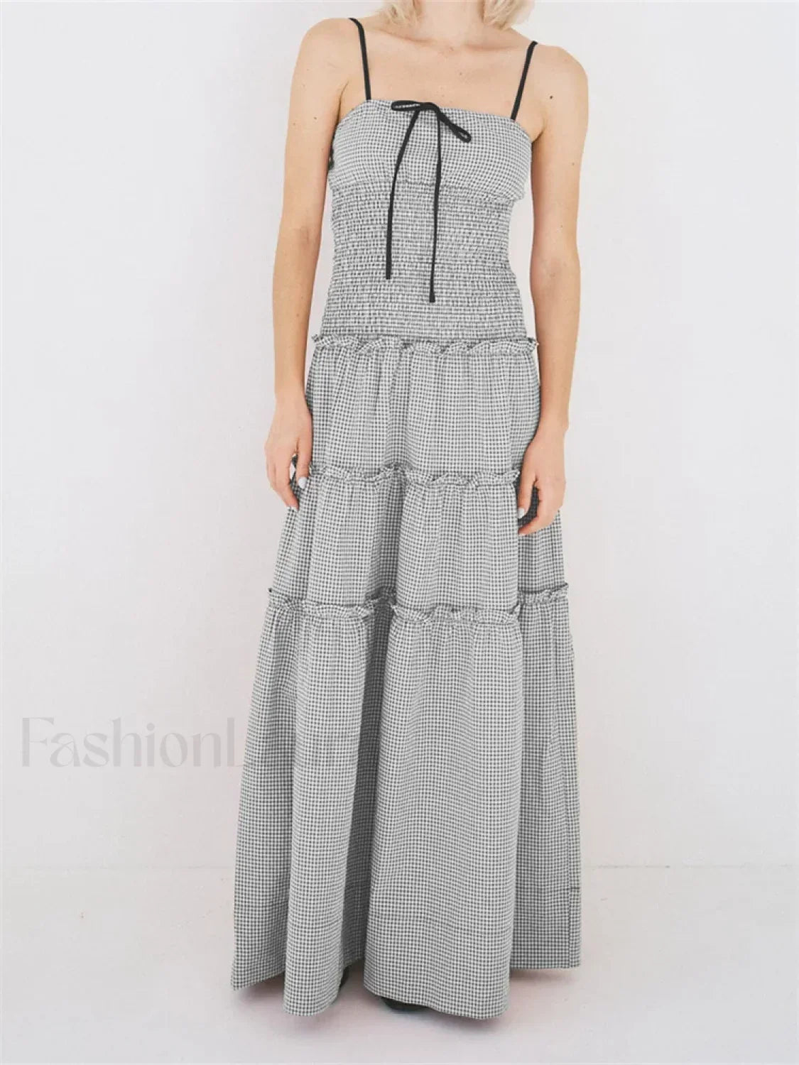 Plaid Square Neck Ruffle Maxi Dress