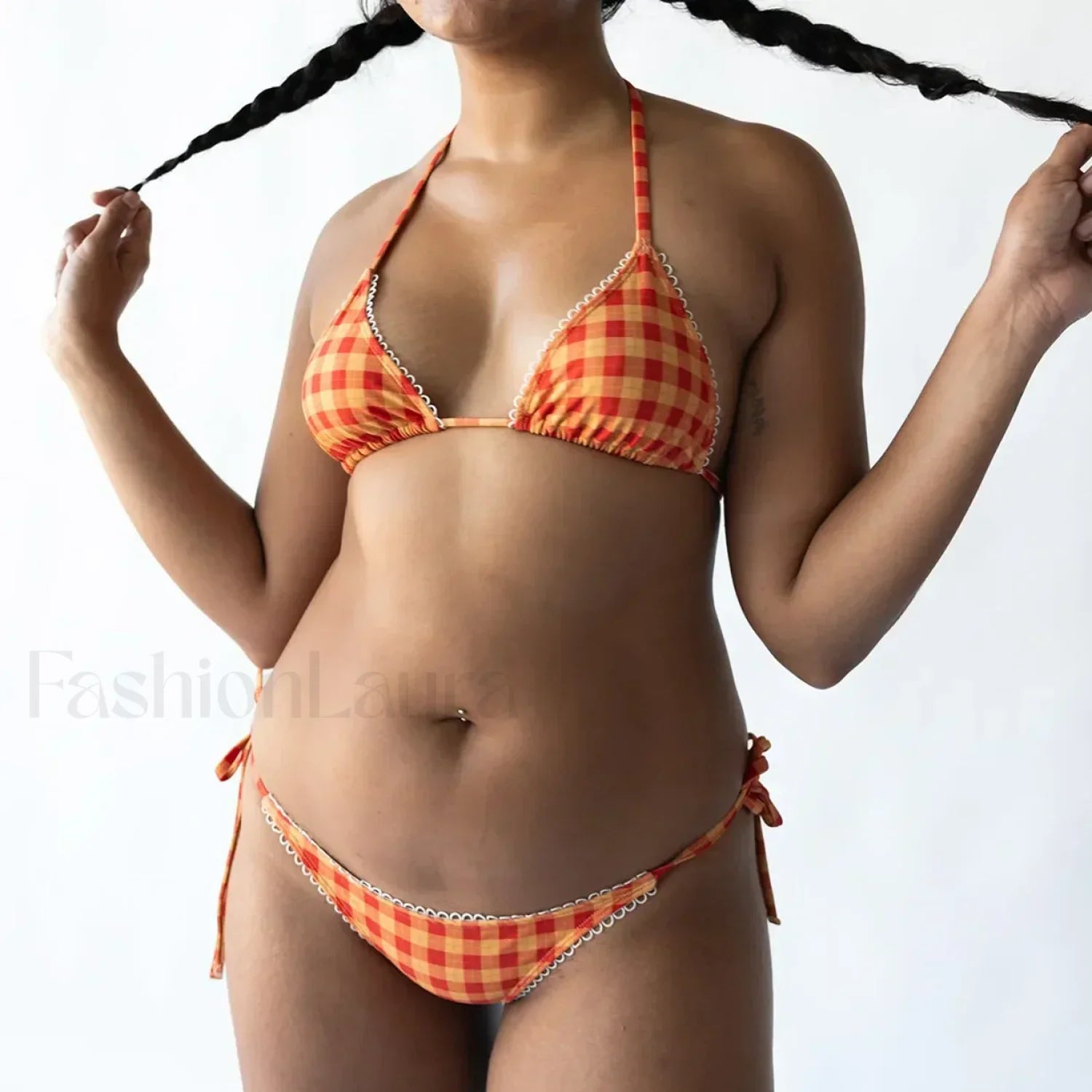 Plaid Tie Up Bikini Set orange / S