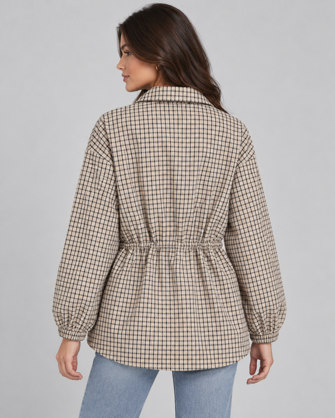 Check Stand Collar Snap Front Drawstring Waist Utility Jacket