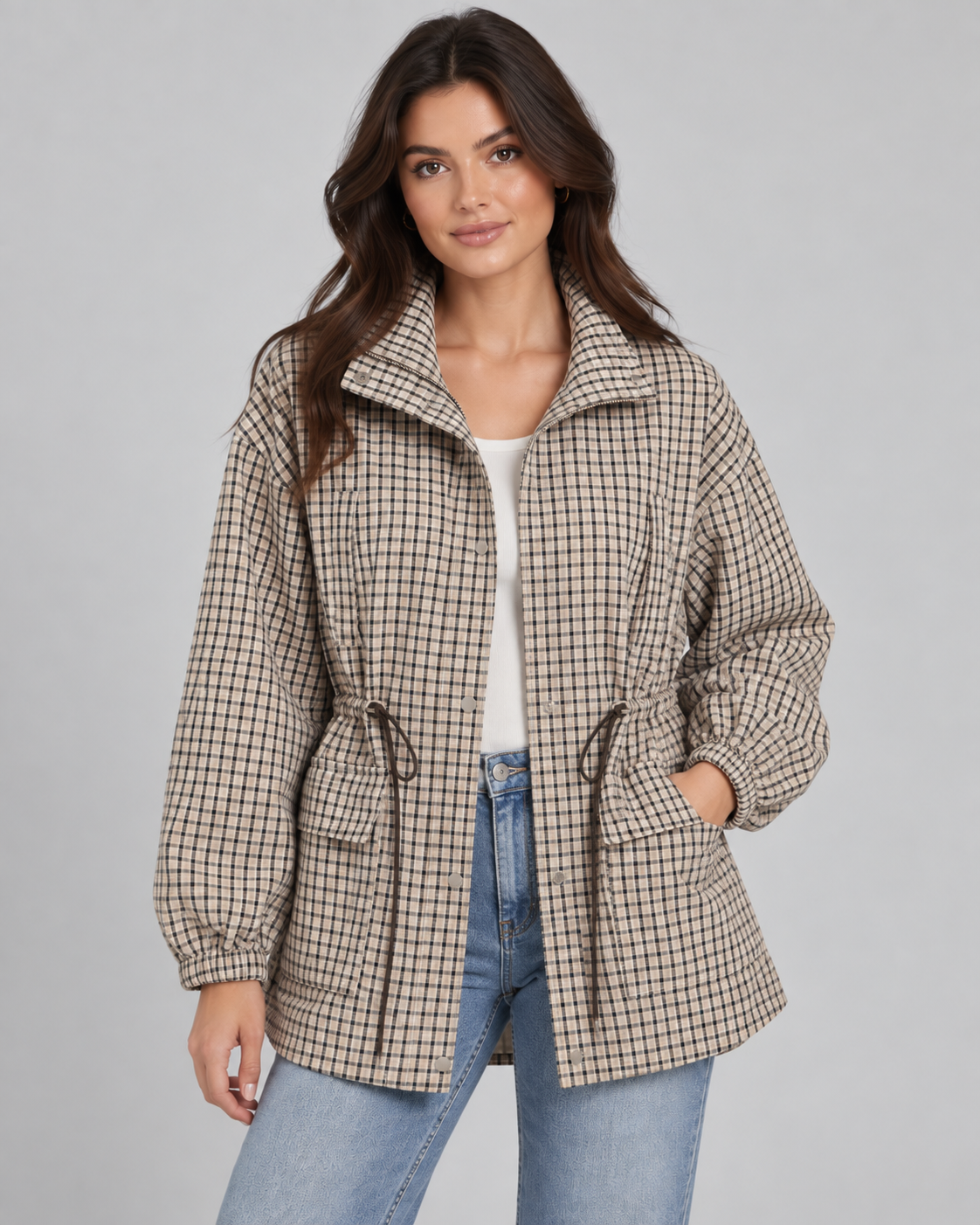 Check Stand Collar Snap Front Drawstring Waist Utility Jacket