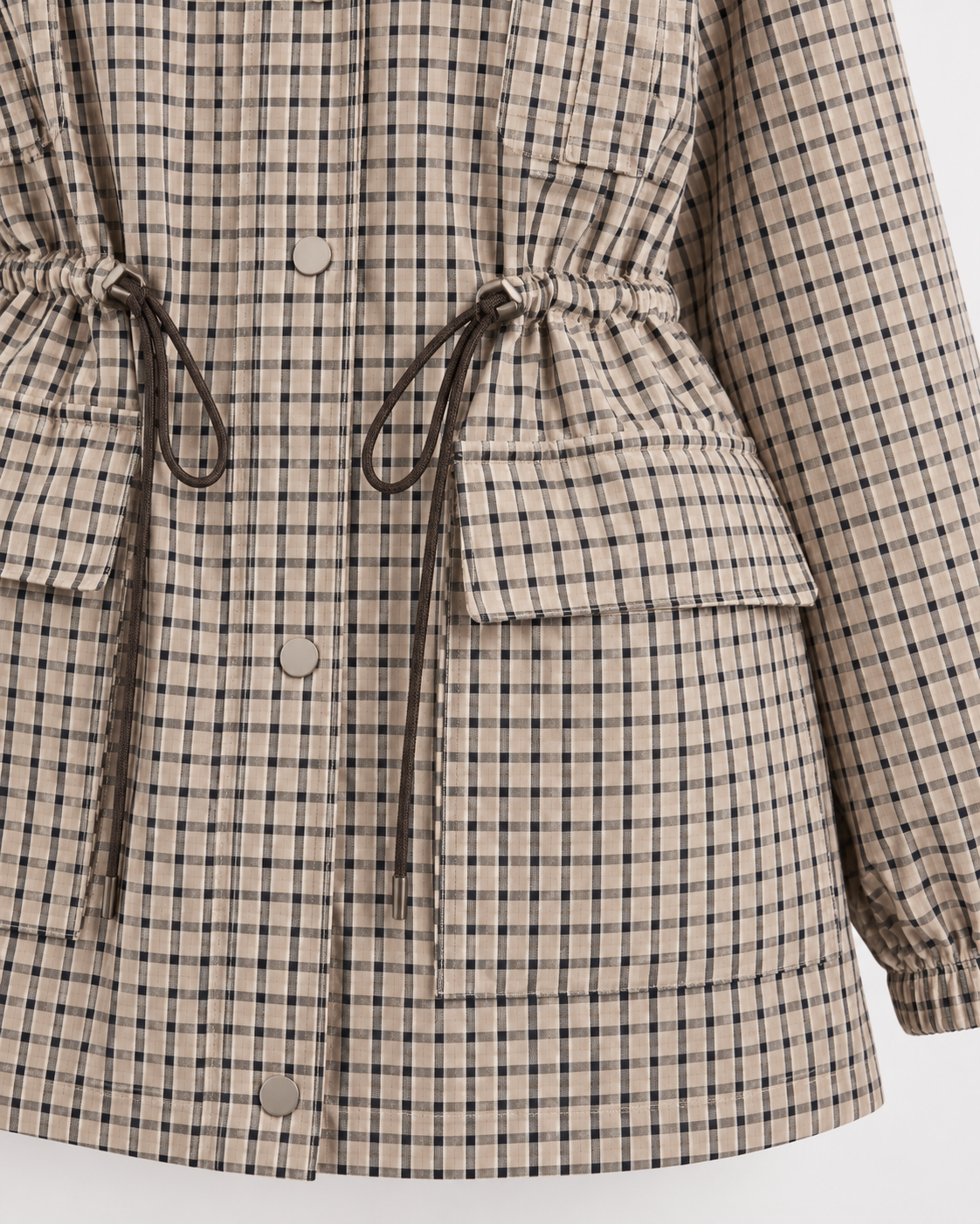 Check Stand Collar Snap Front Drawstring Waist Utility Jacket