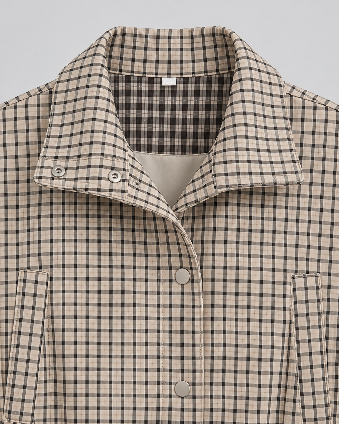 Check Stand Collar Snap Front Drawstring Waist Utility Jacket