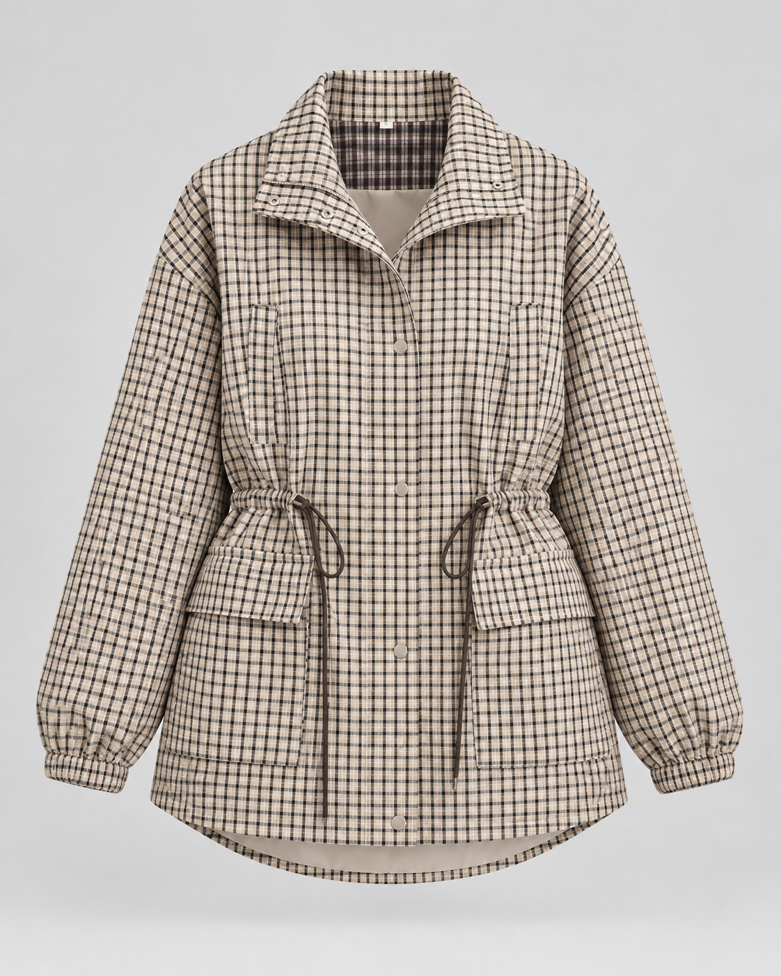 Check Stand Collar Snap Front Drawstring Waist Utility Jacket