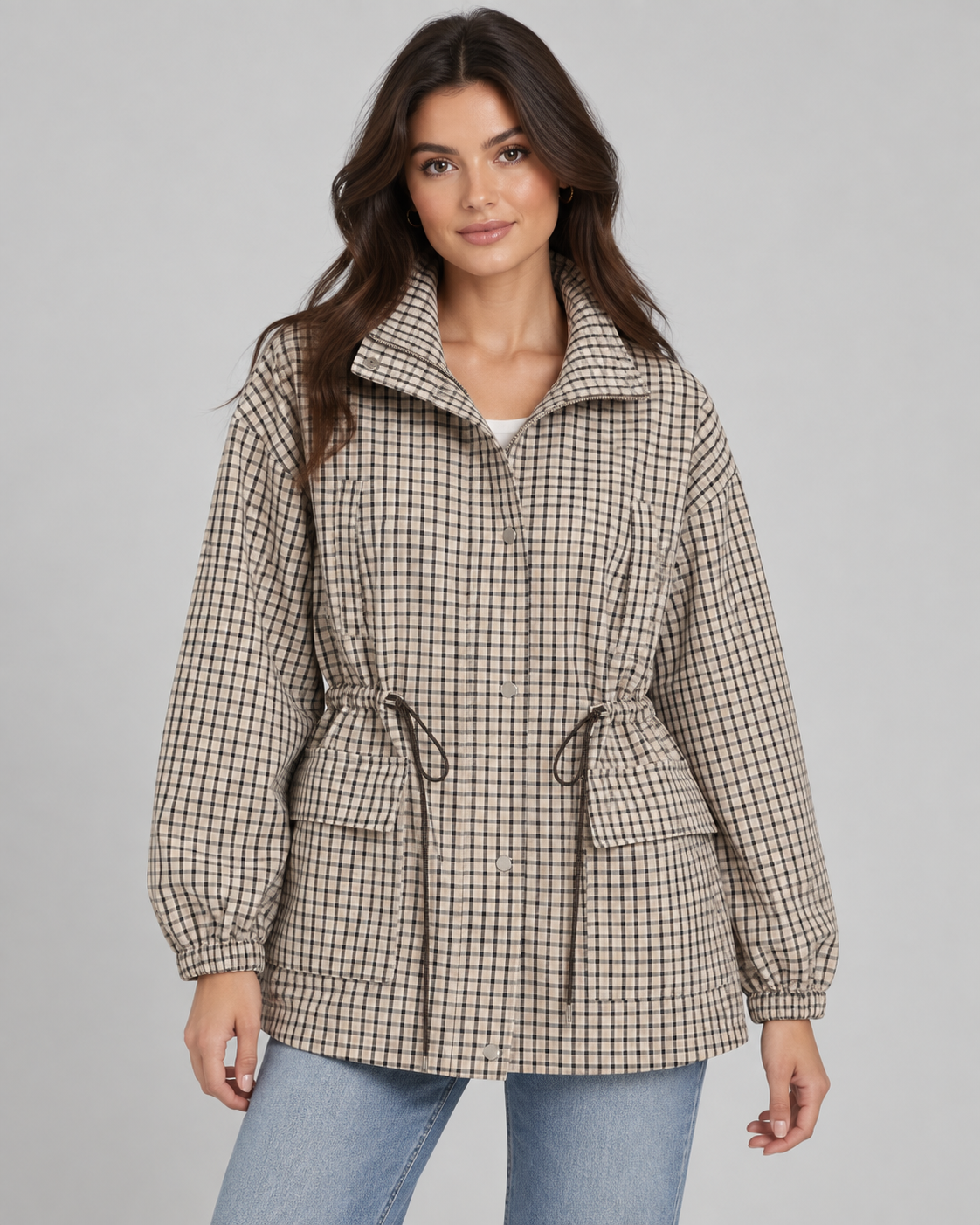 Check Stand Collar Snap Front Drawstring Waist Utility Jacket