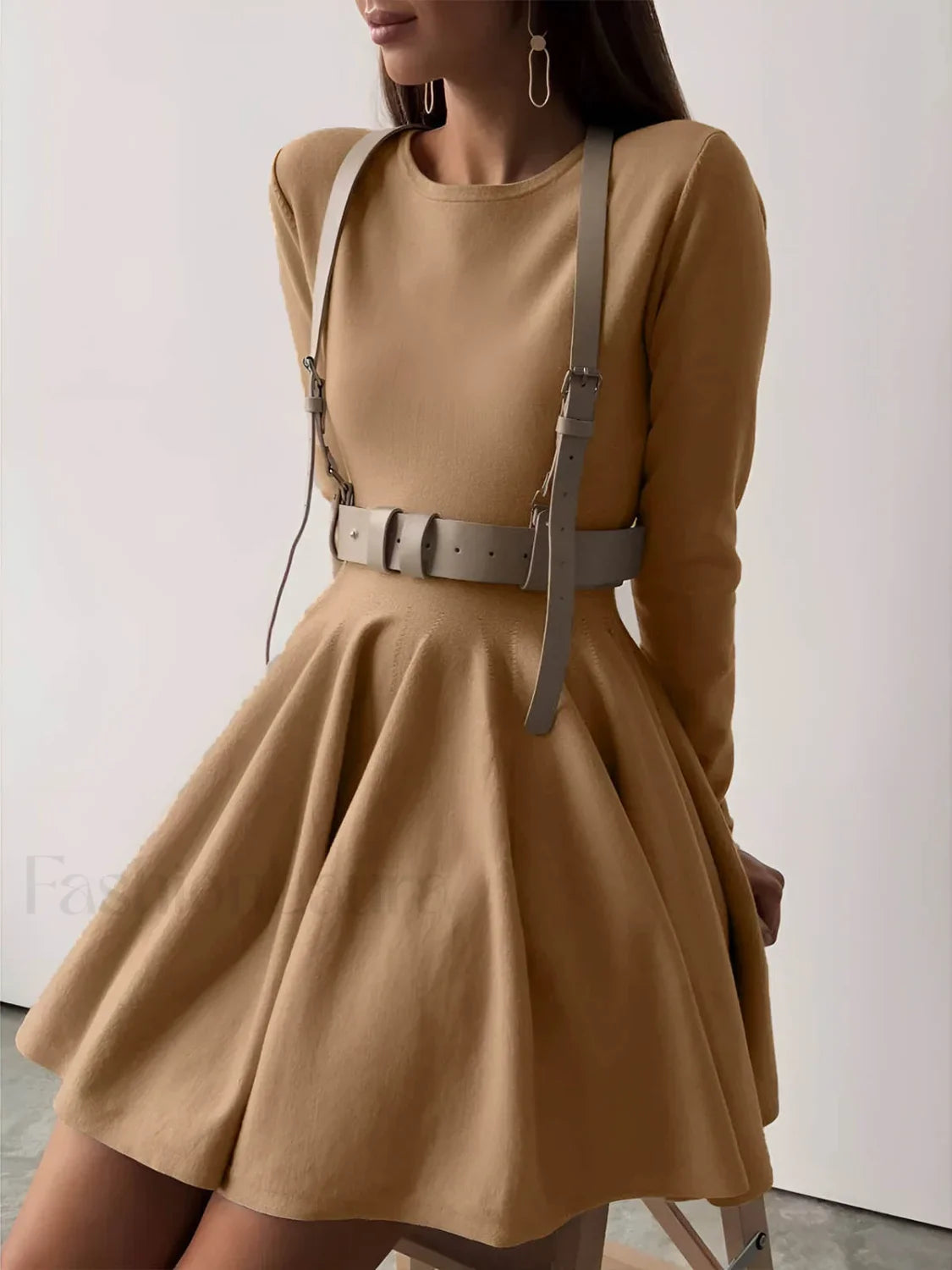 Plain Pleated Sweater Short Dress Camel / XS Sweater Dresses