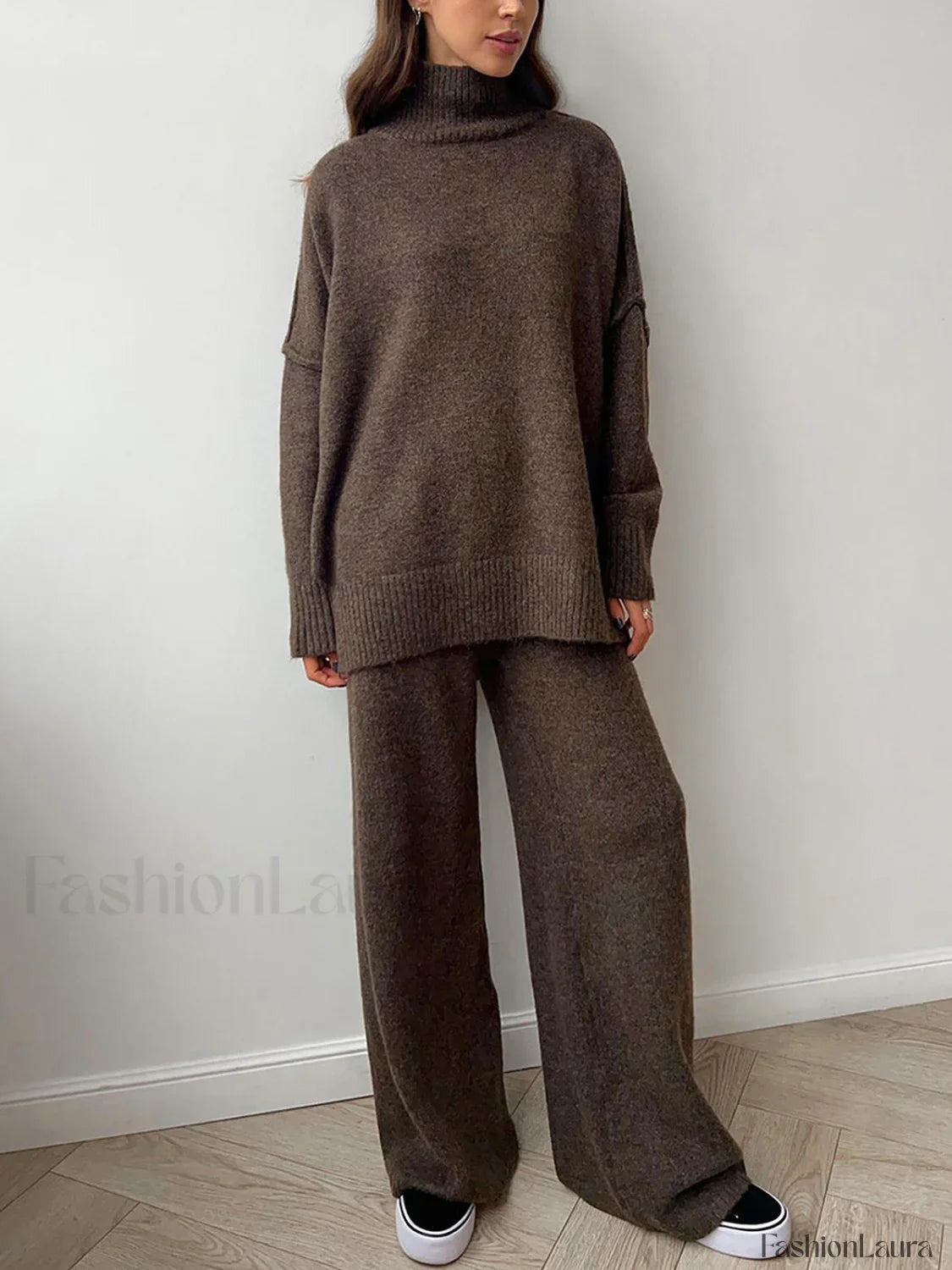 Plain Turtleneck Knit Pants Set