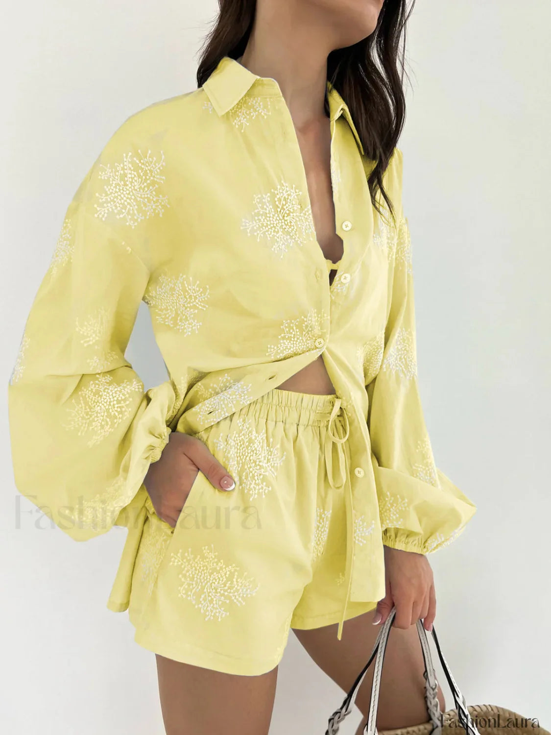 Plant Embroidery Casual Shorts Set