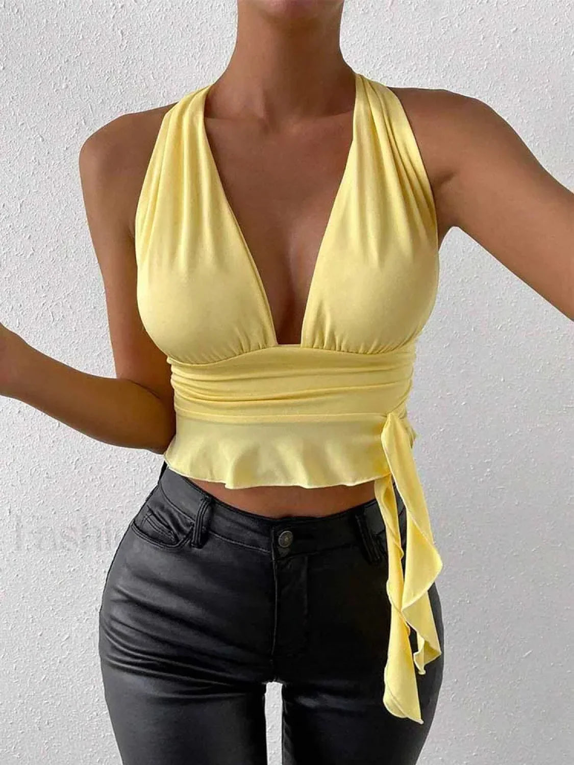 Pleated Deep V-Neck Crop Top