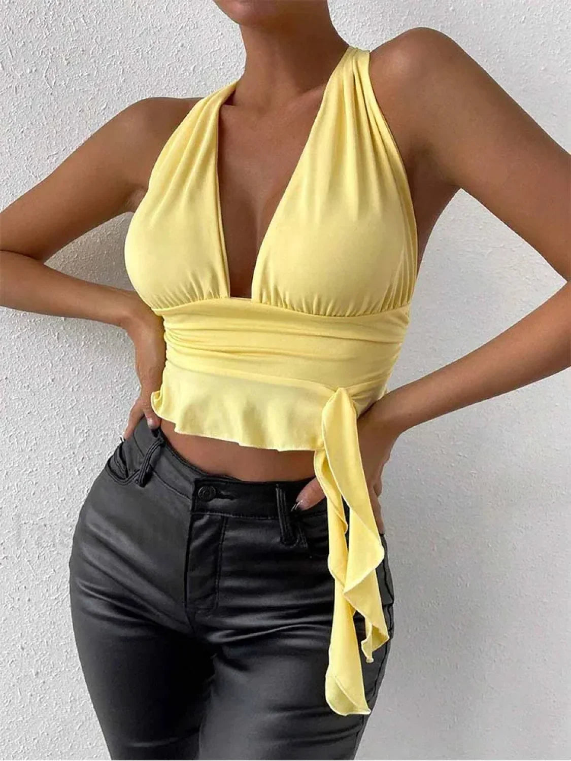 Pleated Deep V-Neck Crop Top