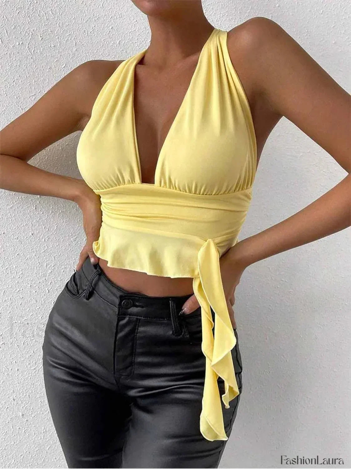 Pleated Deep V-Neck Crop Top