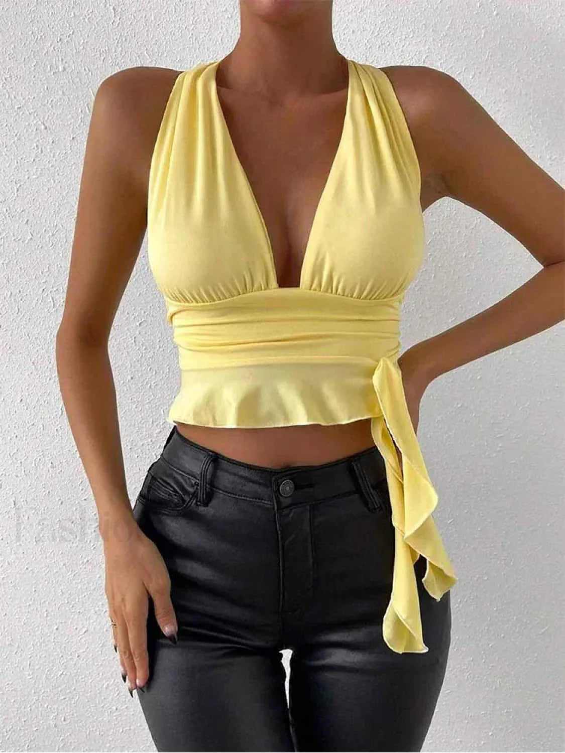 Pleated Deep V Neck Crop Top Yellow / S