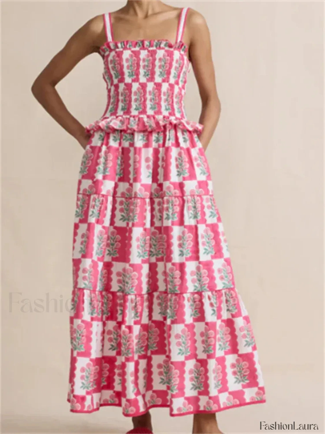 Pleated Floral Ruffle Strap Maxi Dress