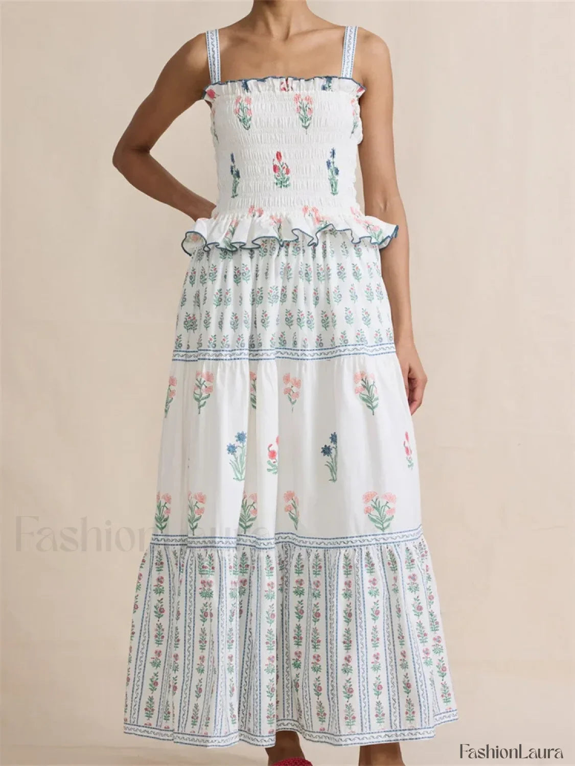 Pleated Floral Ruffle Strap Maxi Dress