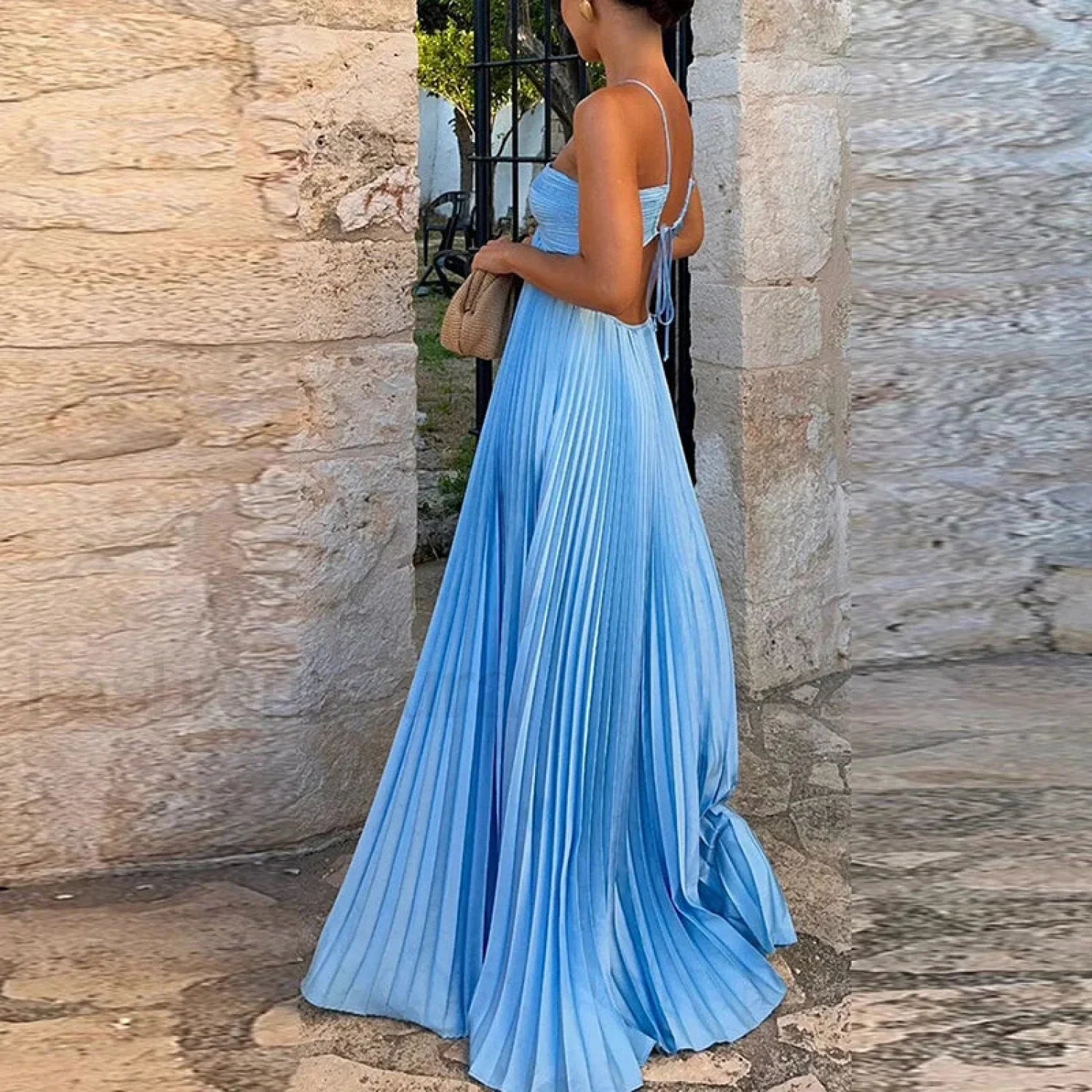 Pleated High Waist Halter Maxi Dress