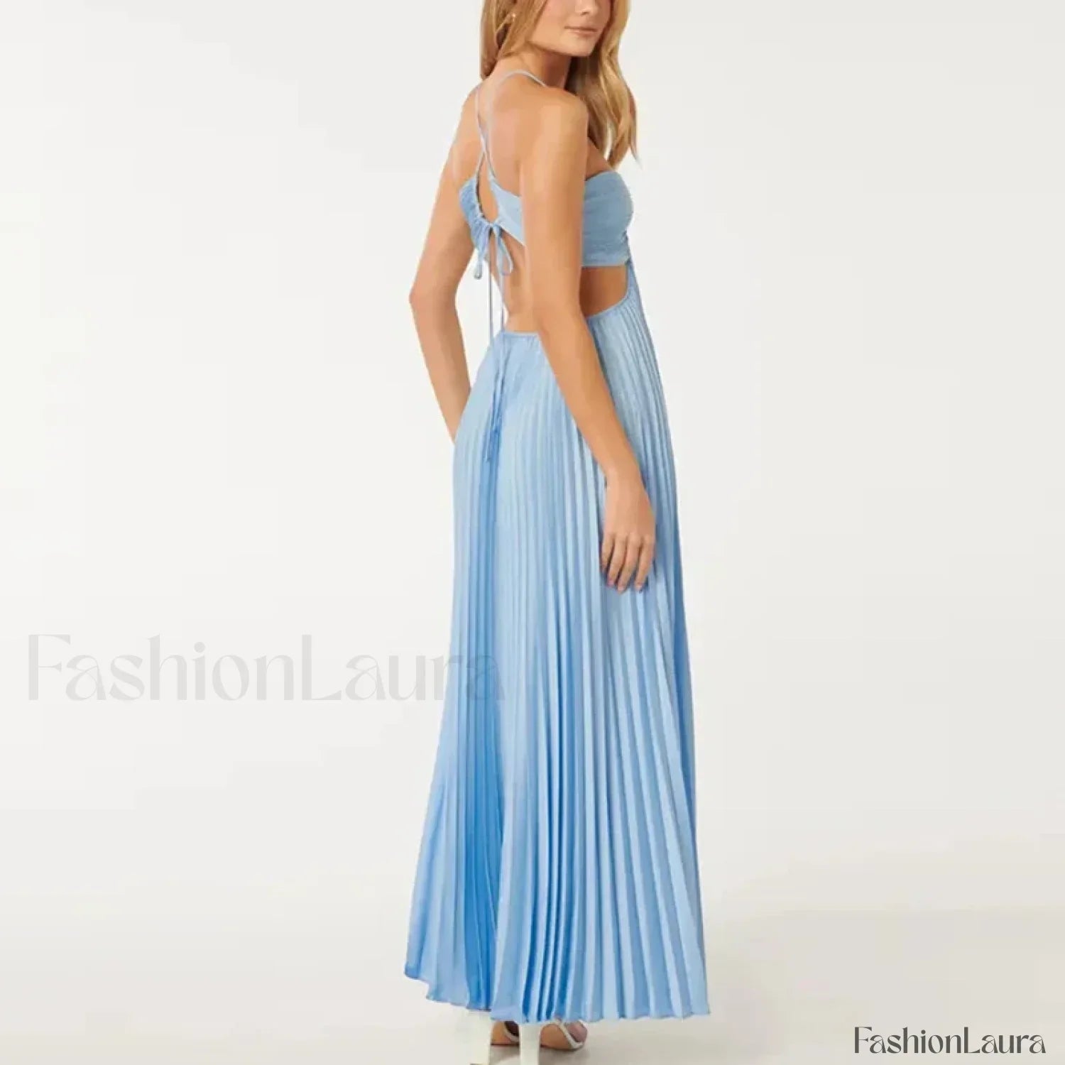 Pleated High Waist Halter Maxi Dress