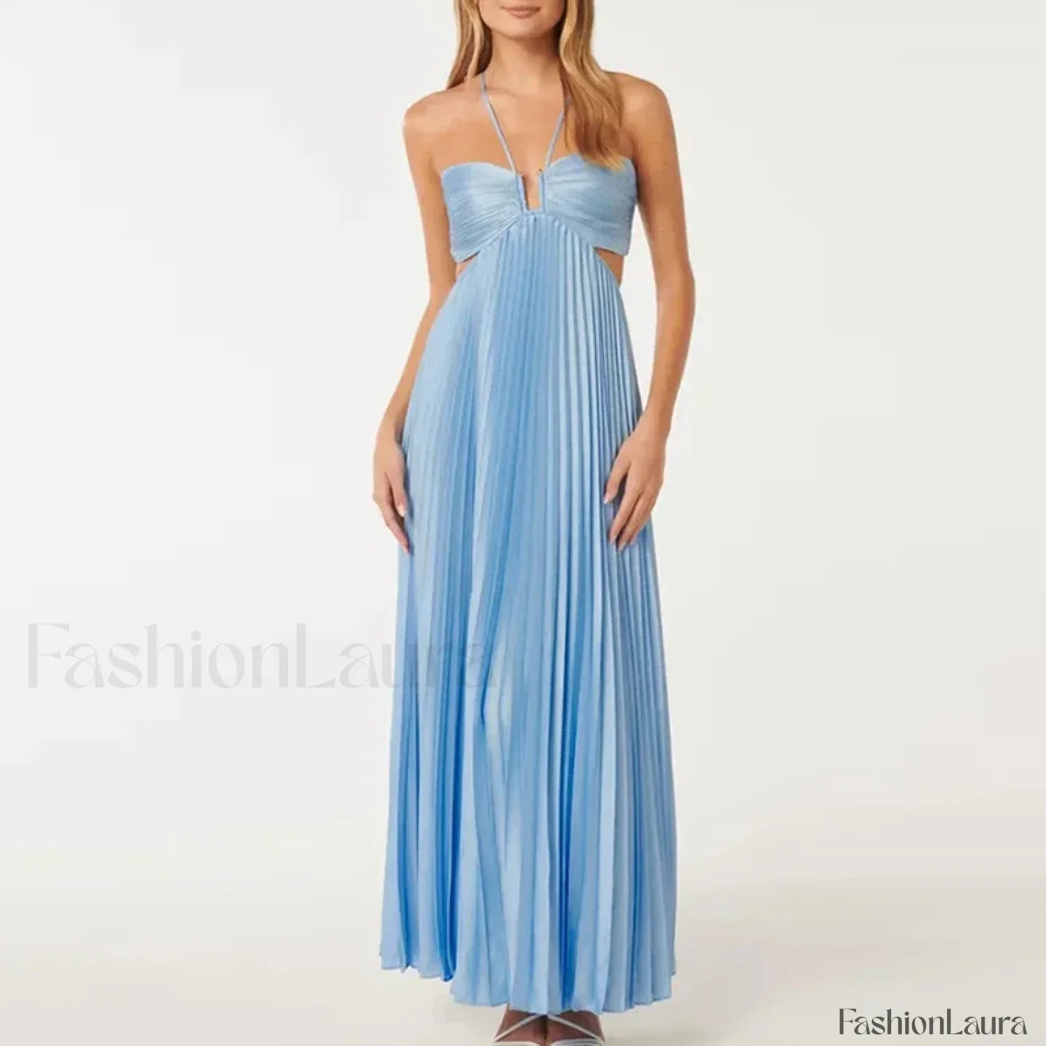 Pleated High Waist Halter Maxi Dress