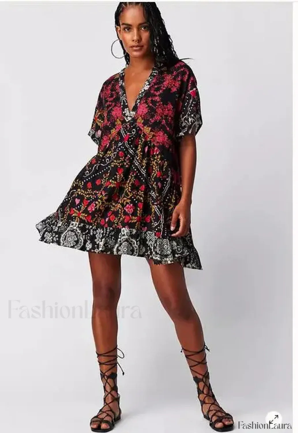 Pleated Oversized V-Neck Boho Dress