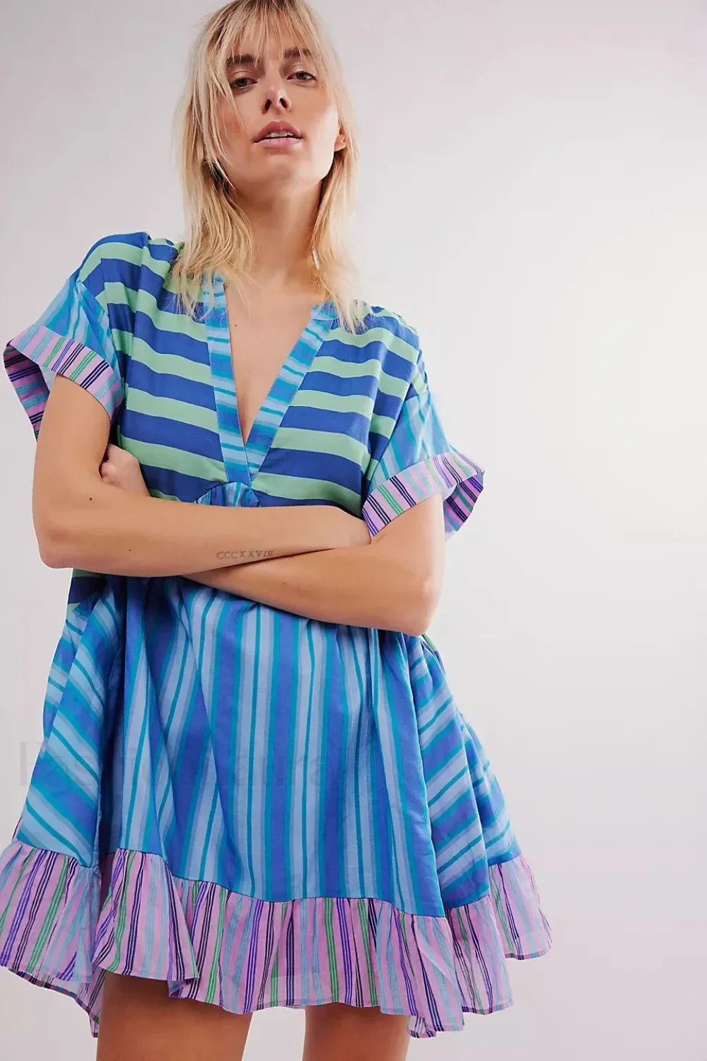 Pleated Oversized V-Neck Boho Dress