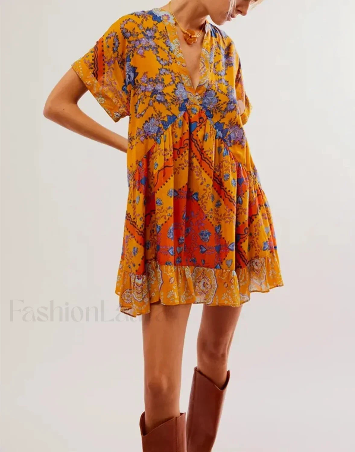 Pleated Oversized V-Neck Boho Dress