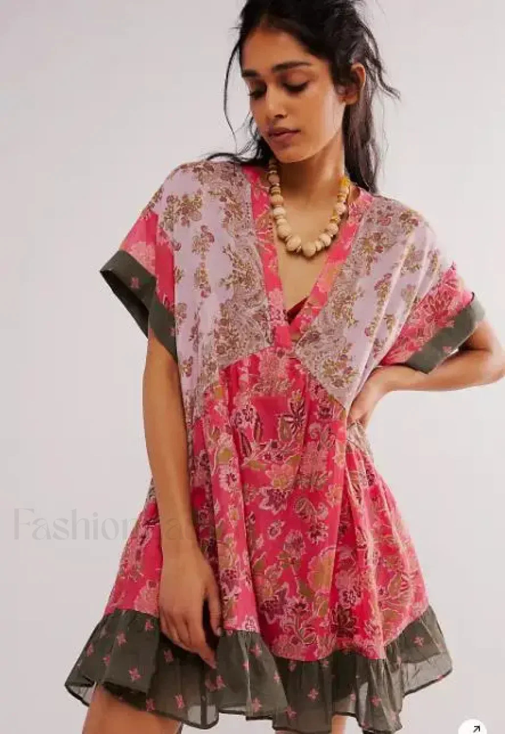 Pleated Oversized V-Neck Boho Dress