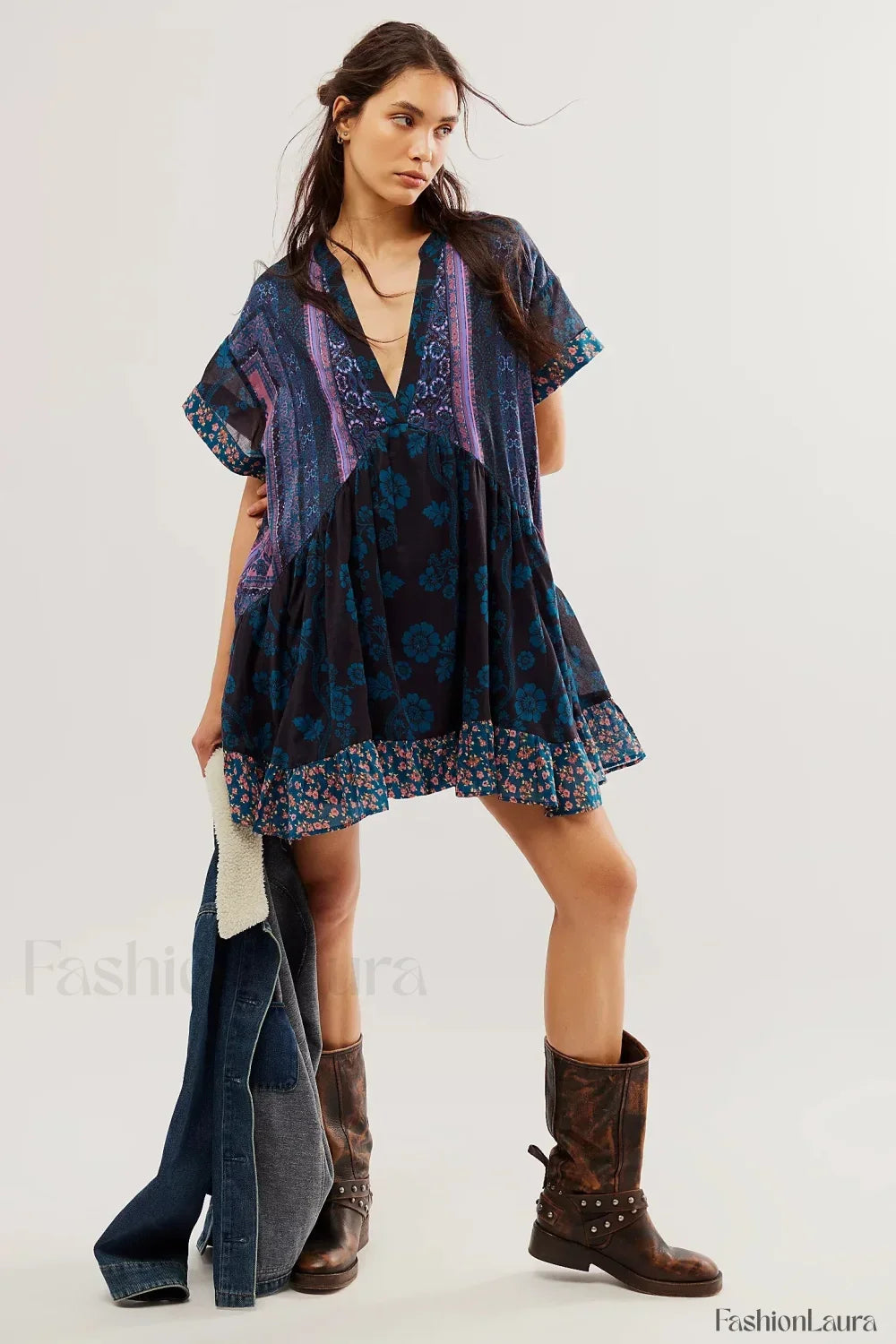 Pleated Oversized V-Neck Boho Dress