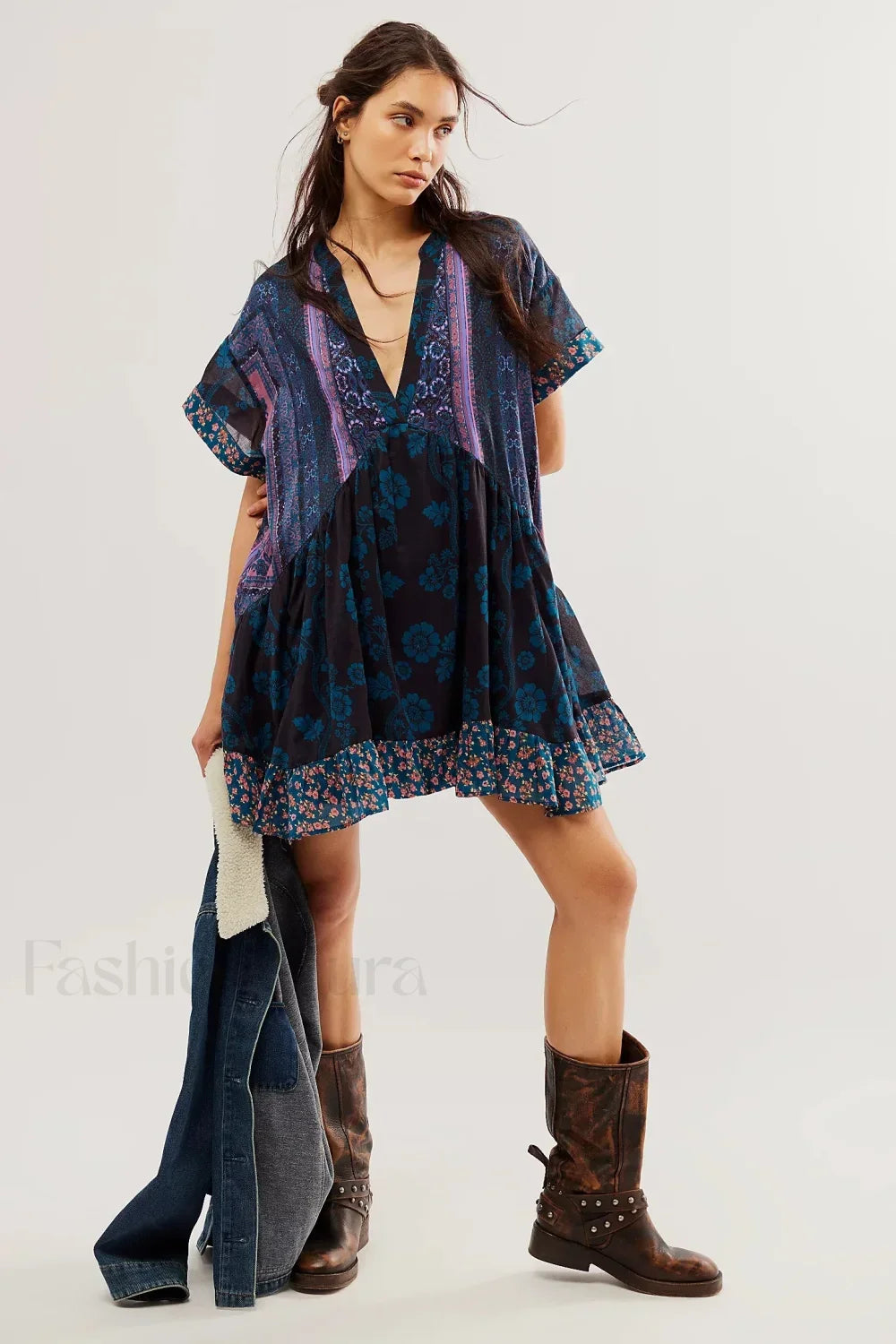 Pleated Oversized V-Neck Boho Dress