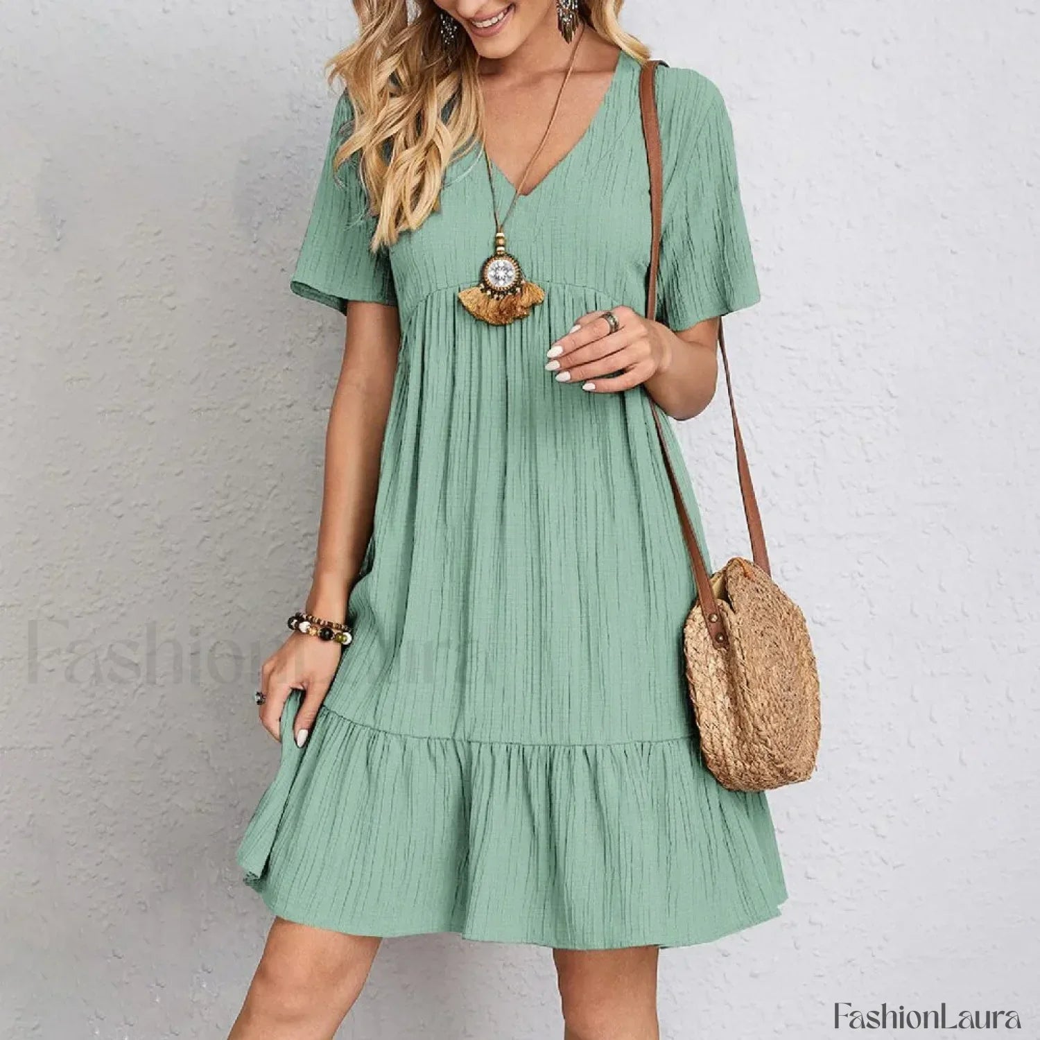 Pleated Ruffle Mini Boho Dress