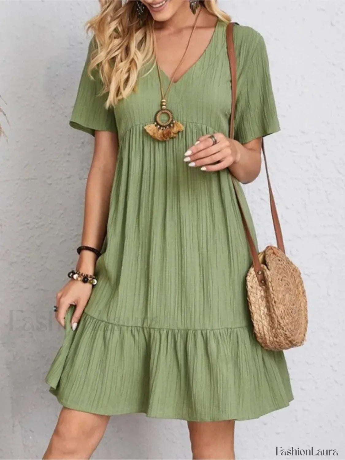 Pleated Ruffle Mini Boho Dress
