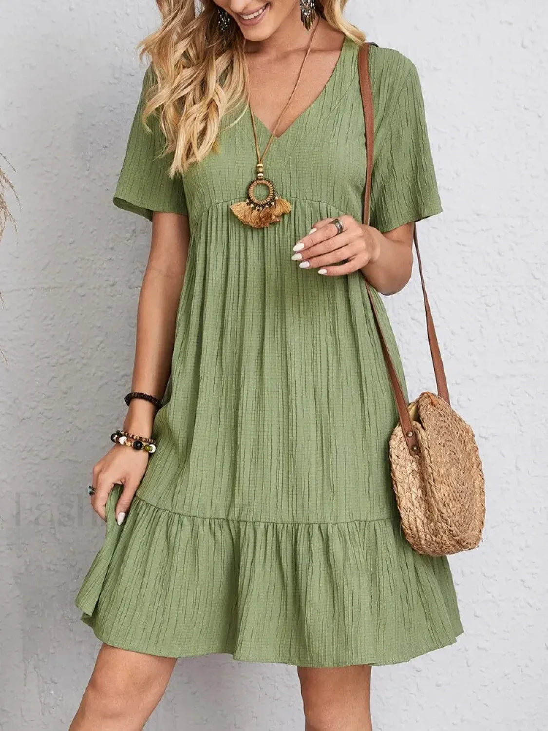 Pleated Ruffle Mini Boho Dress Green / S