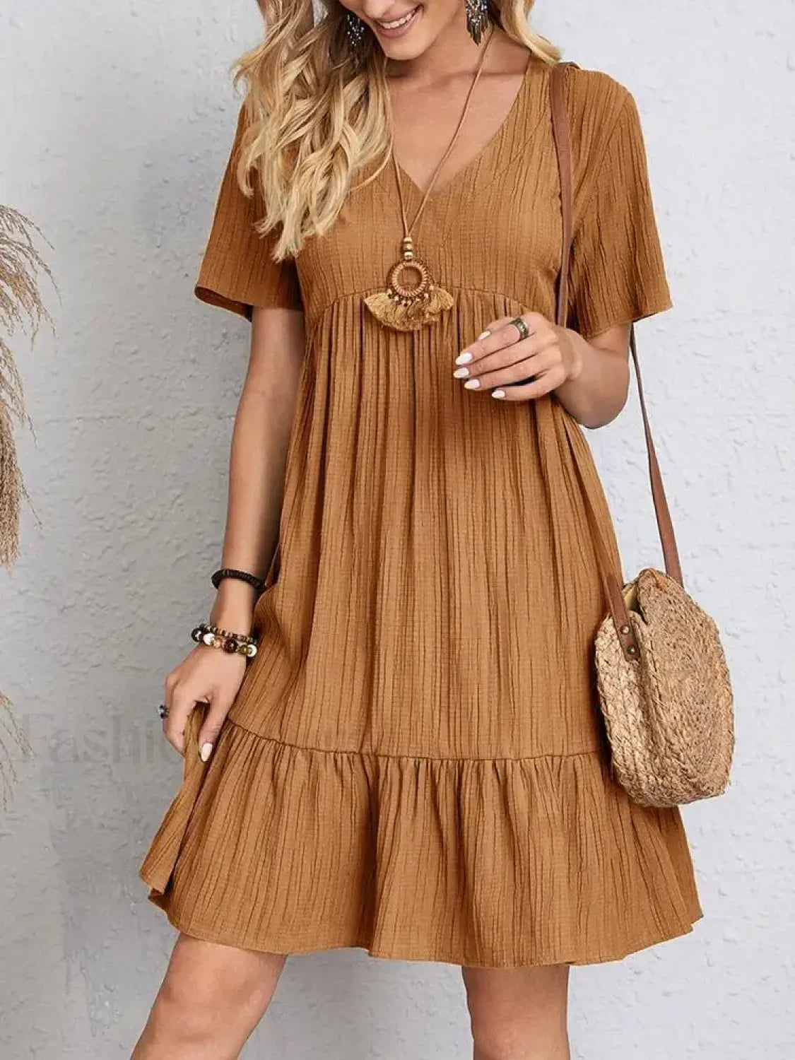 Pleated Ruffle Mini Boho Dress Light Brown / S