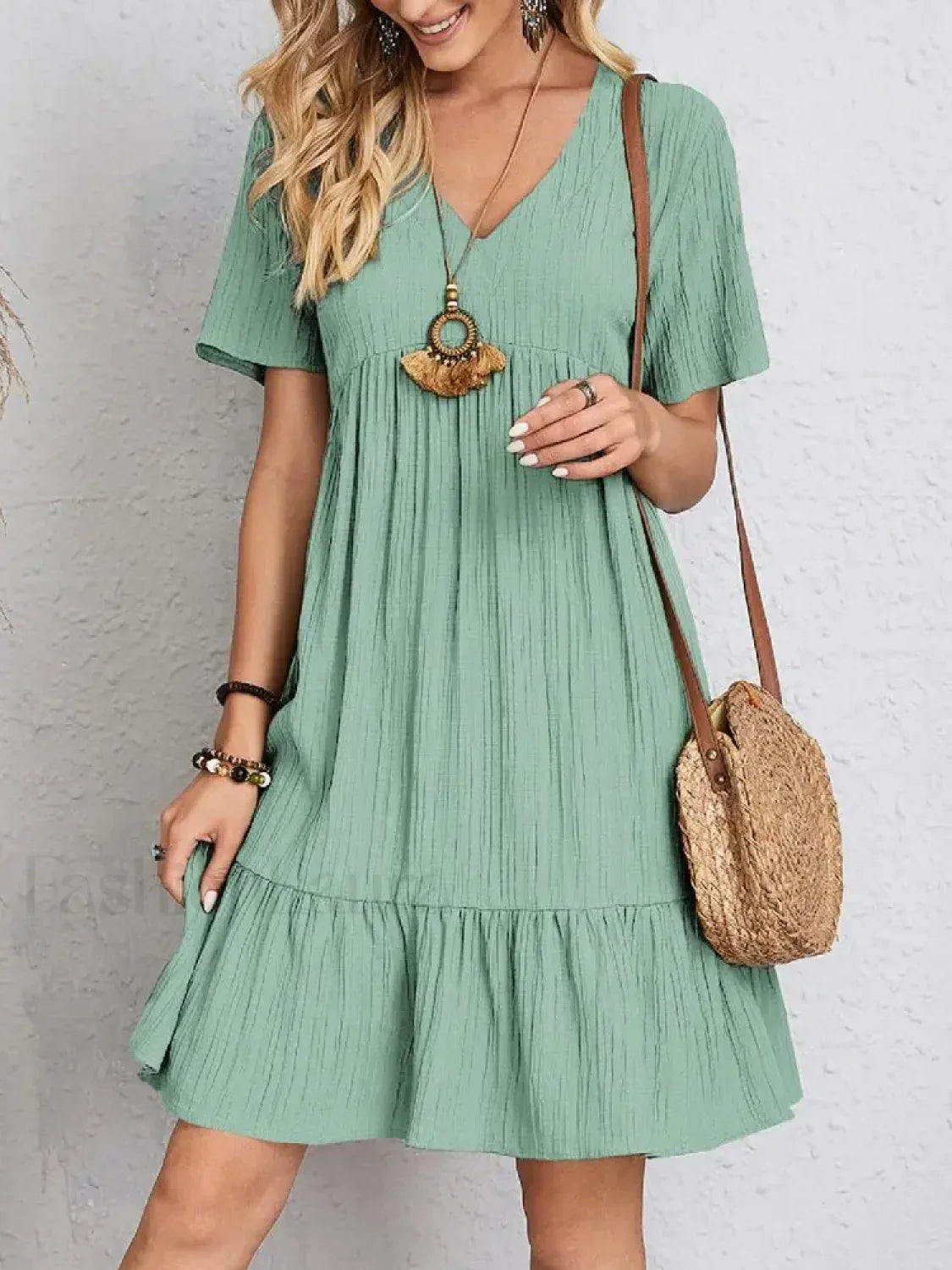 Pleated Ruffle Mini Boho Dress