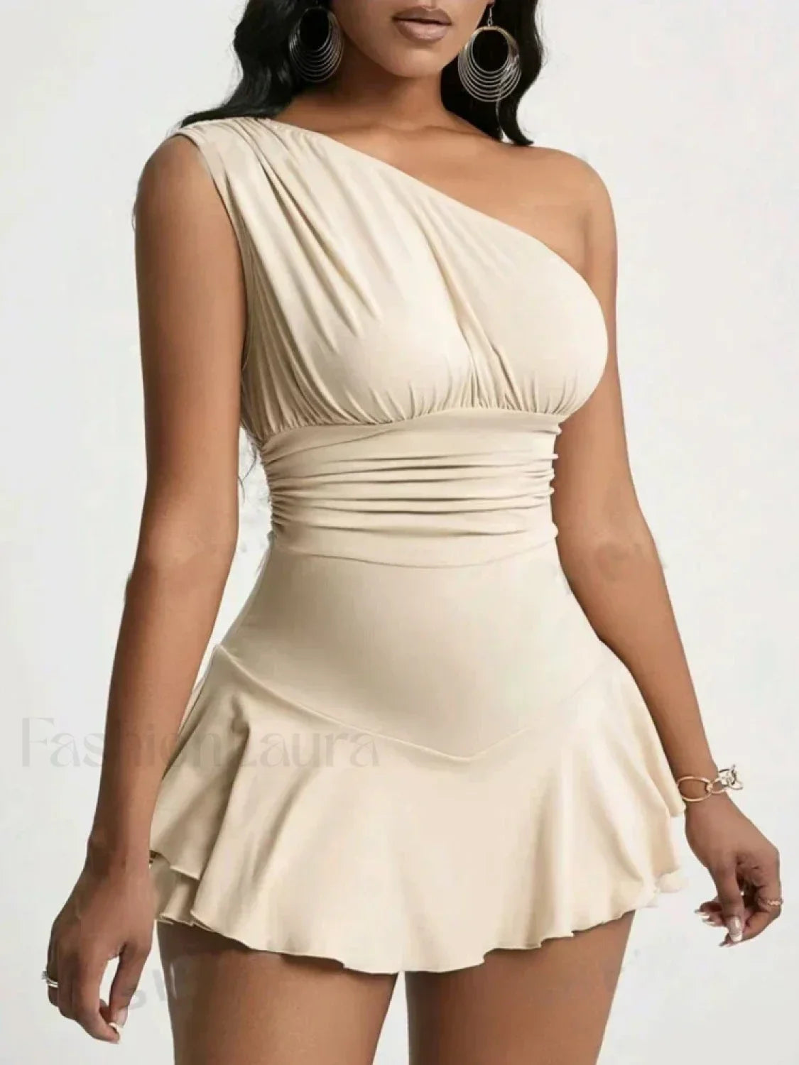 Pleated Solid Single Shoulder One Piece