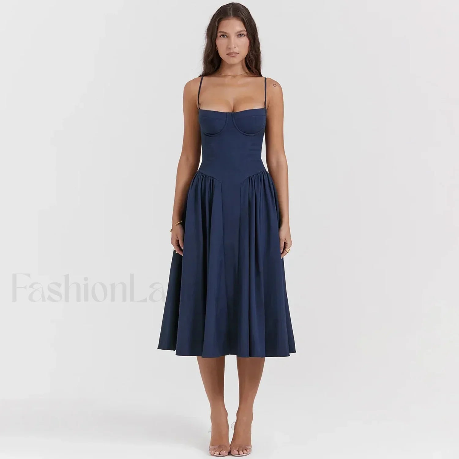 Pleated Spaghetti Strap Midi Dress Navy / S