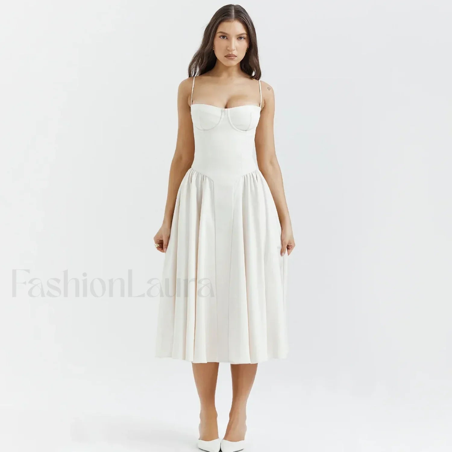 Pleated Spaghetti Strap Midi Dress White / S