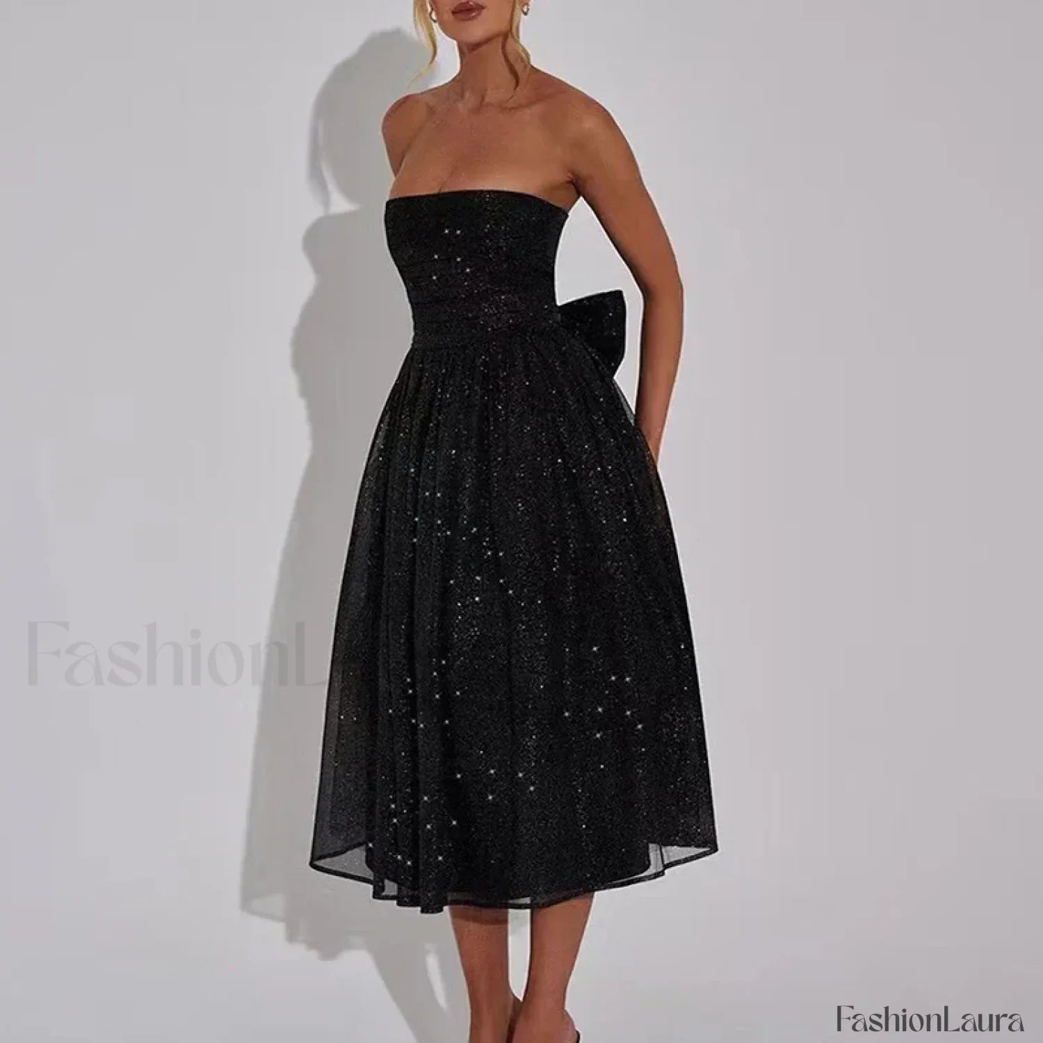 Pleated Strapless Bow Midi Dress