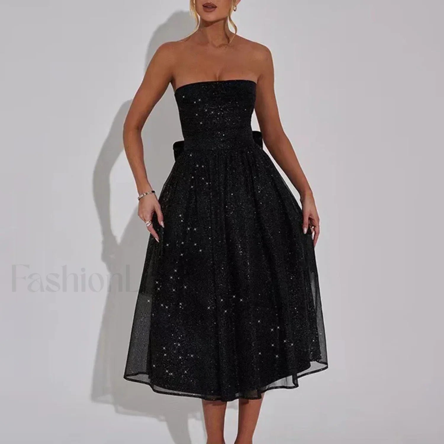 Pleated Strapless Bow Midi Dress