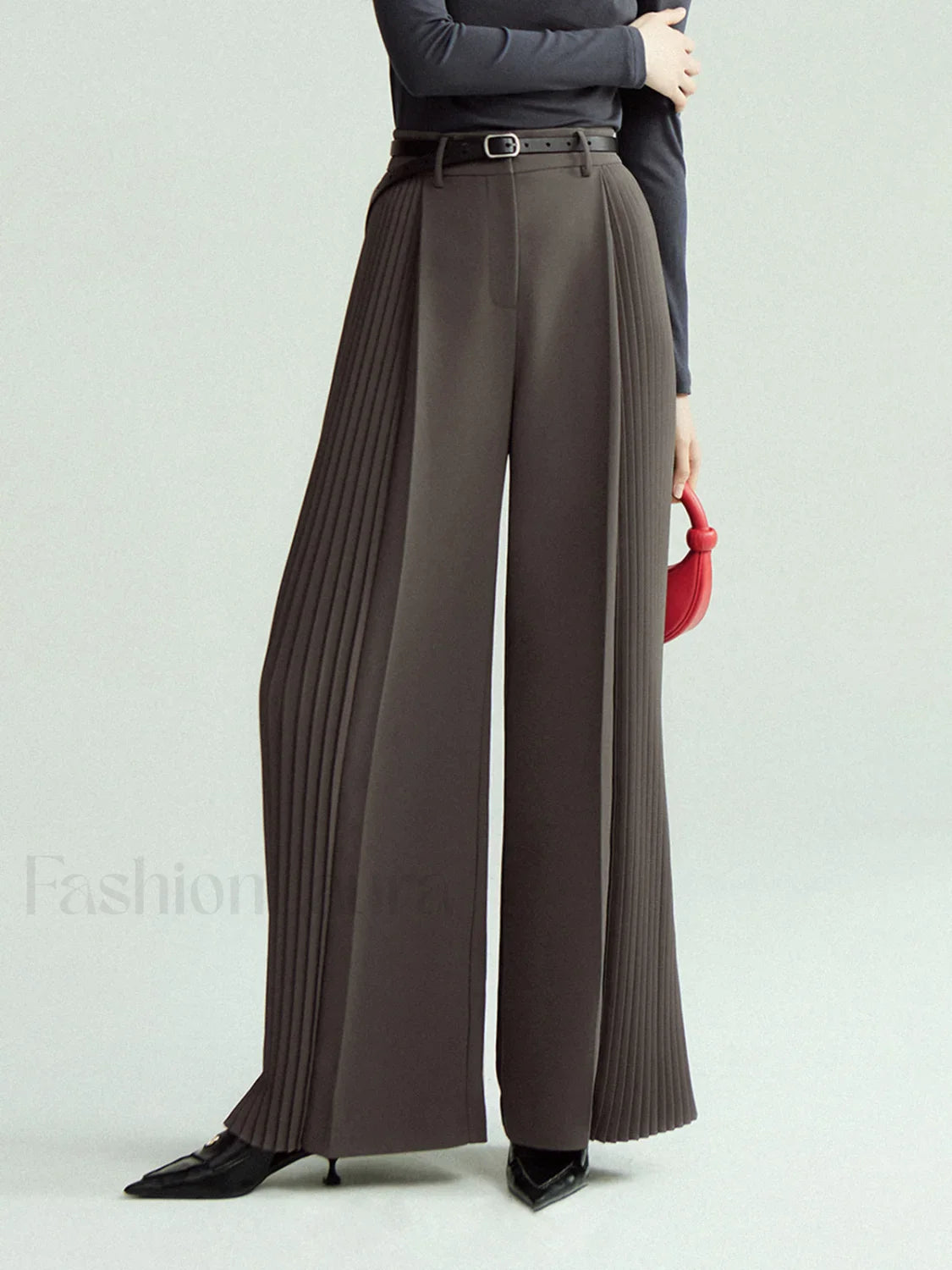 Pleated Wide Leg Trendy Pants Without Belt