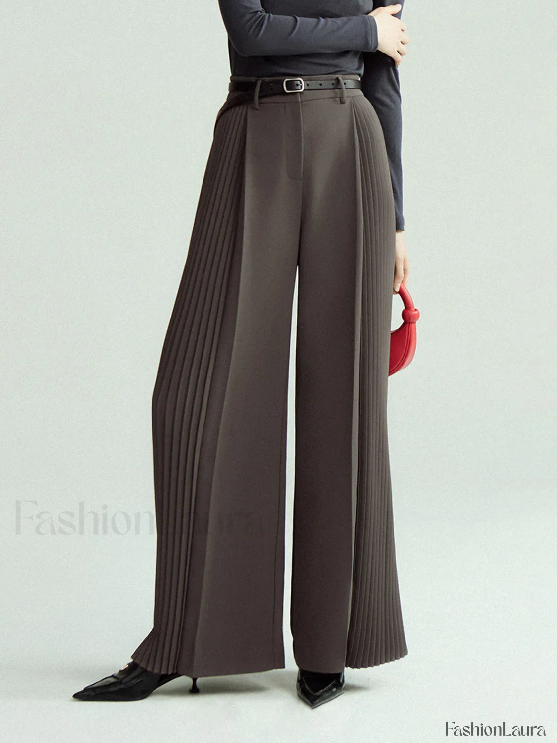 Pleated Wide Leg Trendy Pants Without Belt