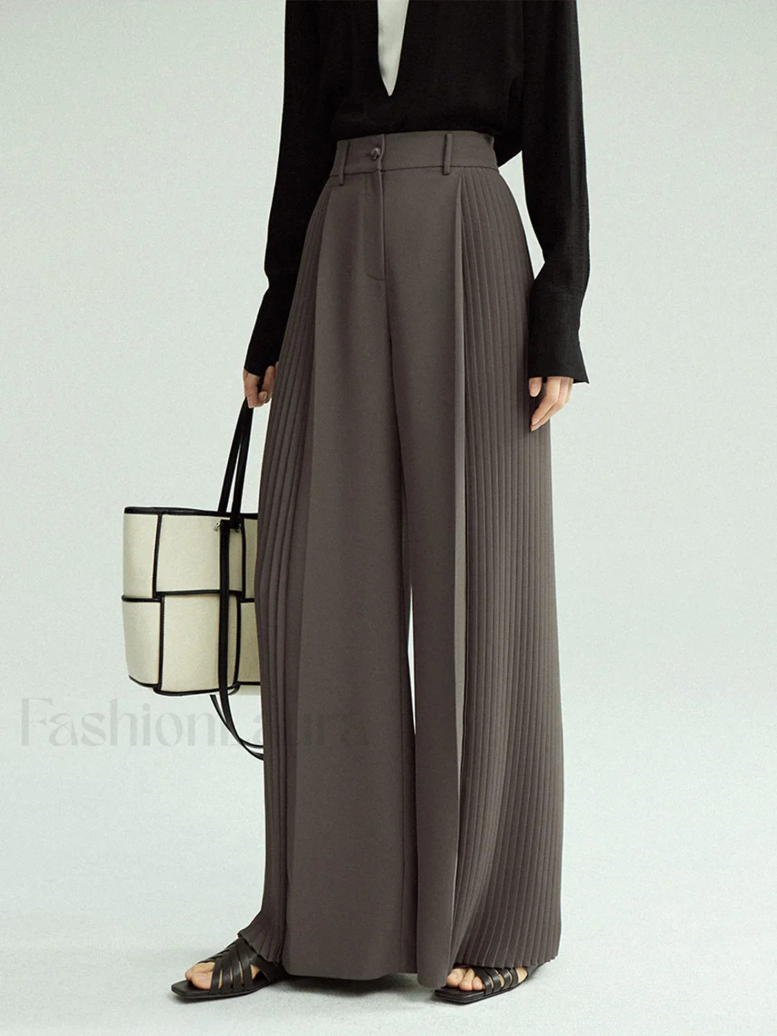 Pleated Wide Leg Trendy Pants Without Belt