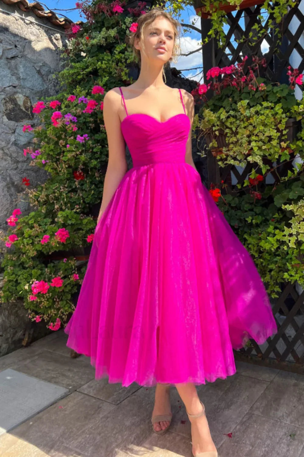 Pleats Spaghetti Stylish Straps Midi Dress S / Hot Pink