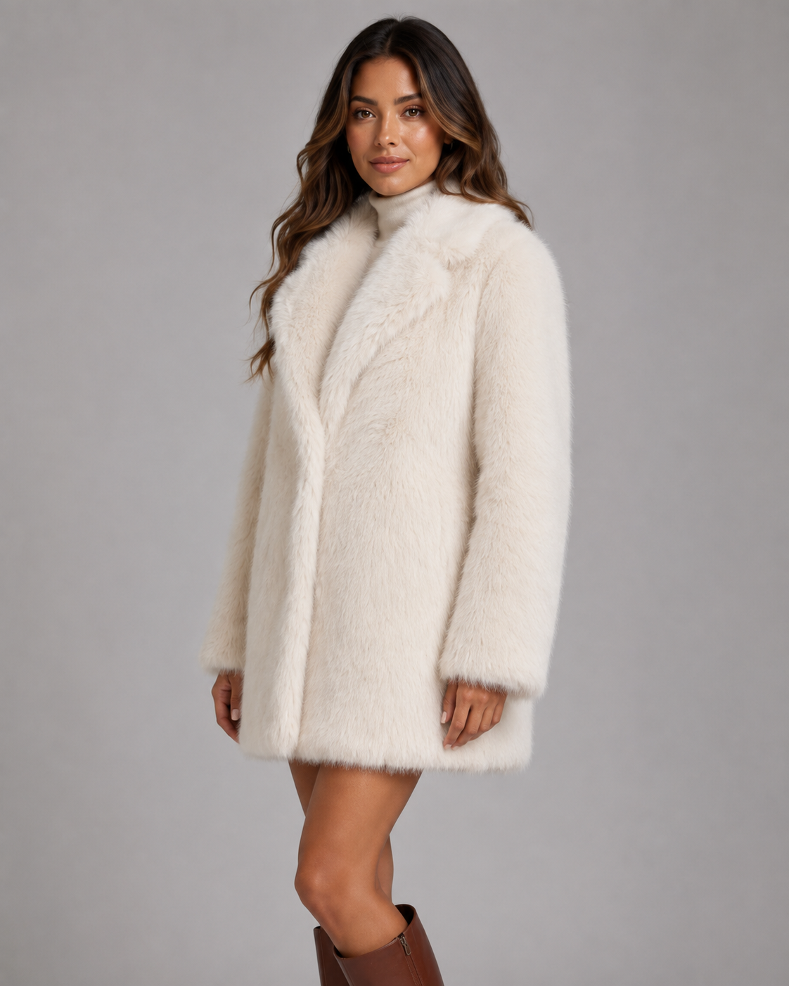 Plush Faux Fur Notch Lapel Midi Coat