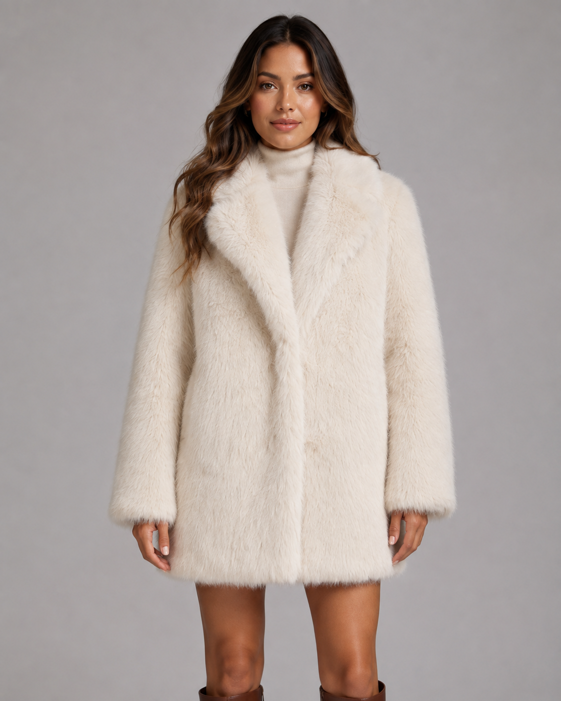 Plush Faux Fur Notch Lapel Midi Coat