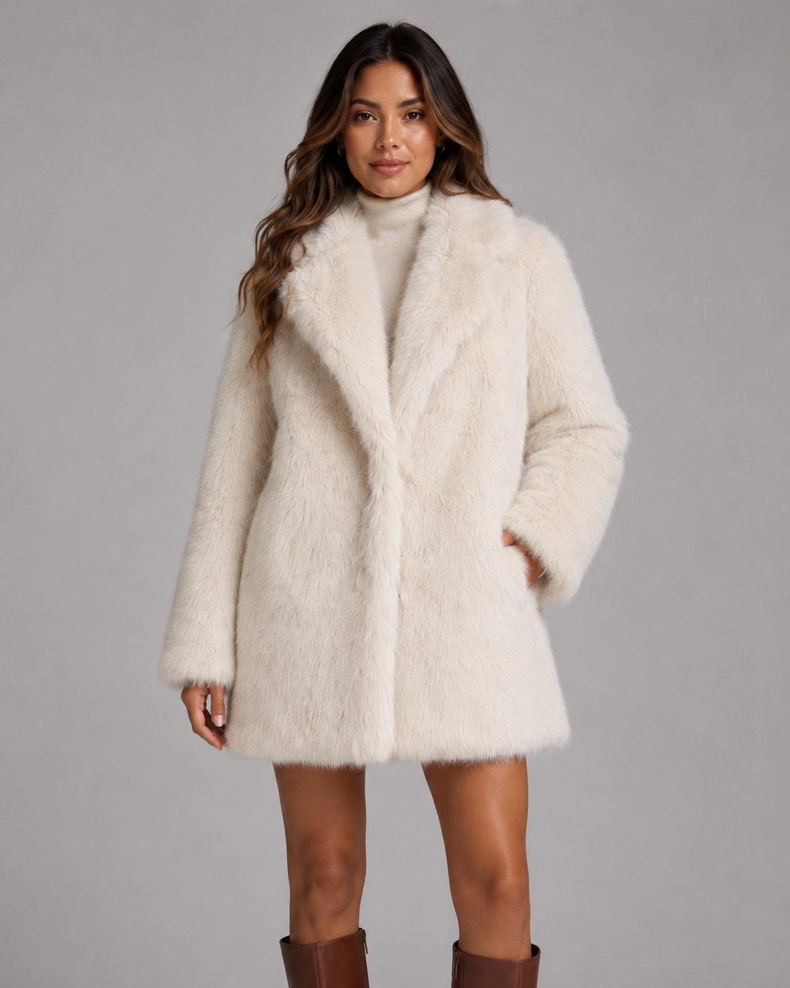 Plush Faux Fur Notch Lapel Midi Coat