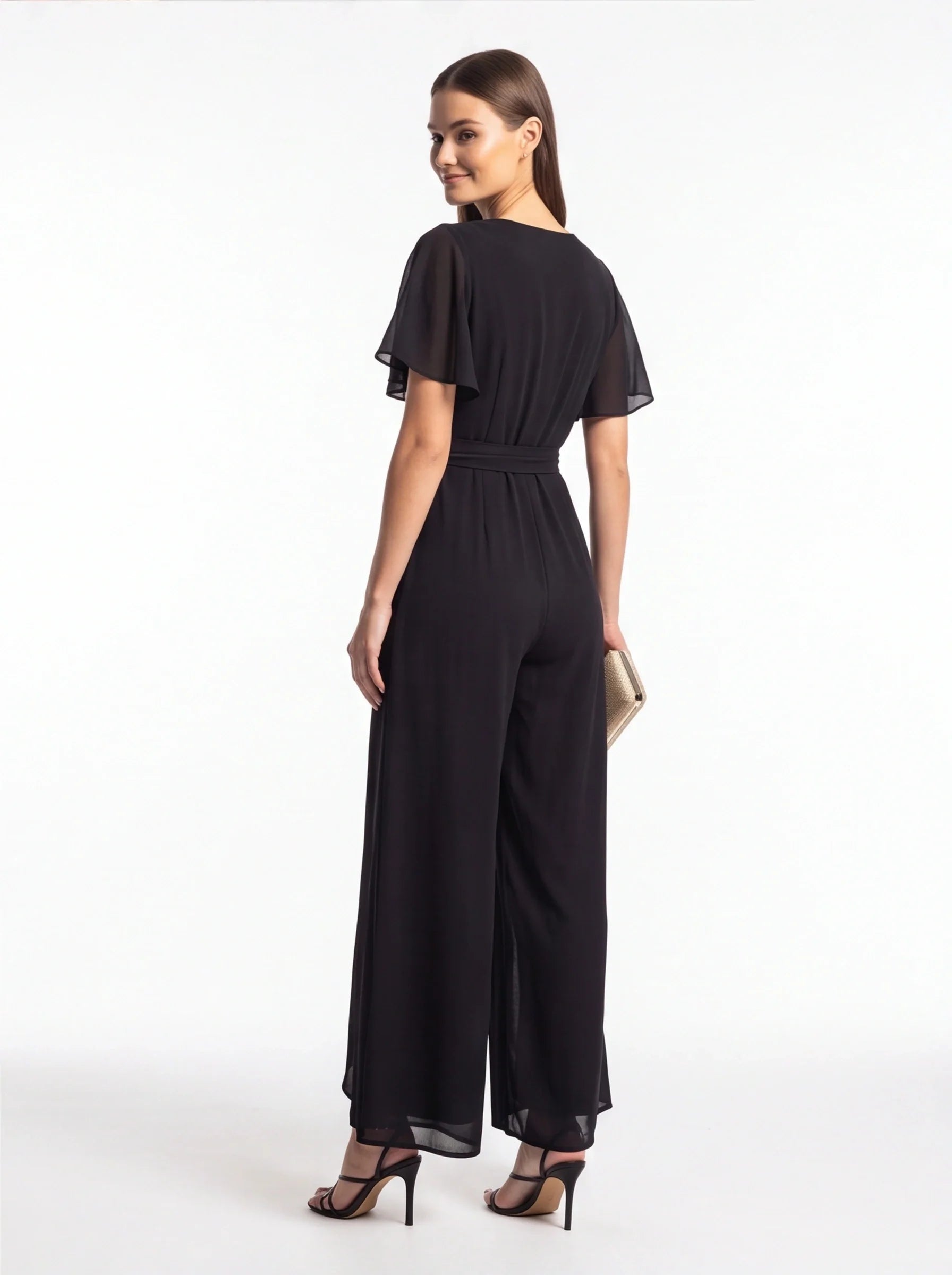 Elegant Wide Leg Jumpsuit Black Wrap V-Neck with Flutter Sleeves Tie Waist