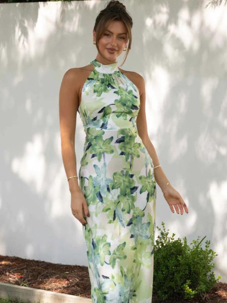 Timeless Renata Printed Halterneck Midi Dress in Backless Satin Statement Occasion Edit