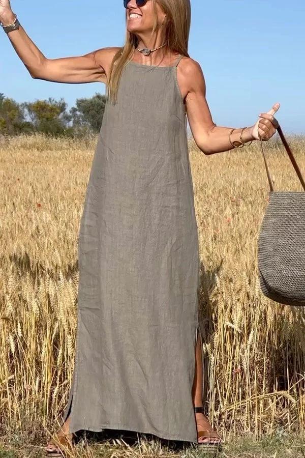 Square Neck Spaghetti Strap Side Slit Maxi Dress