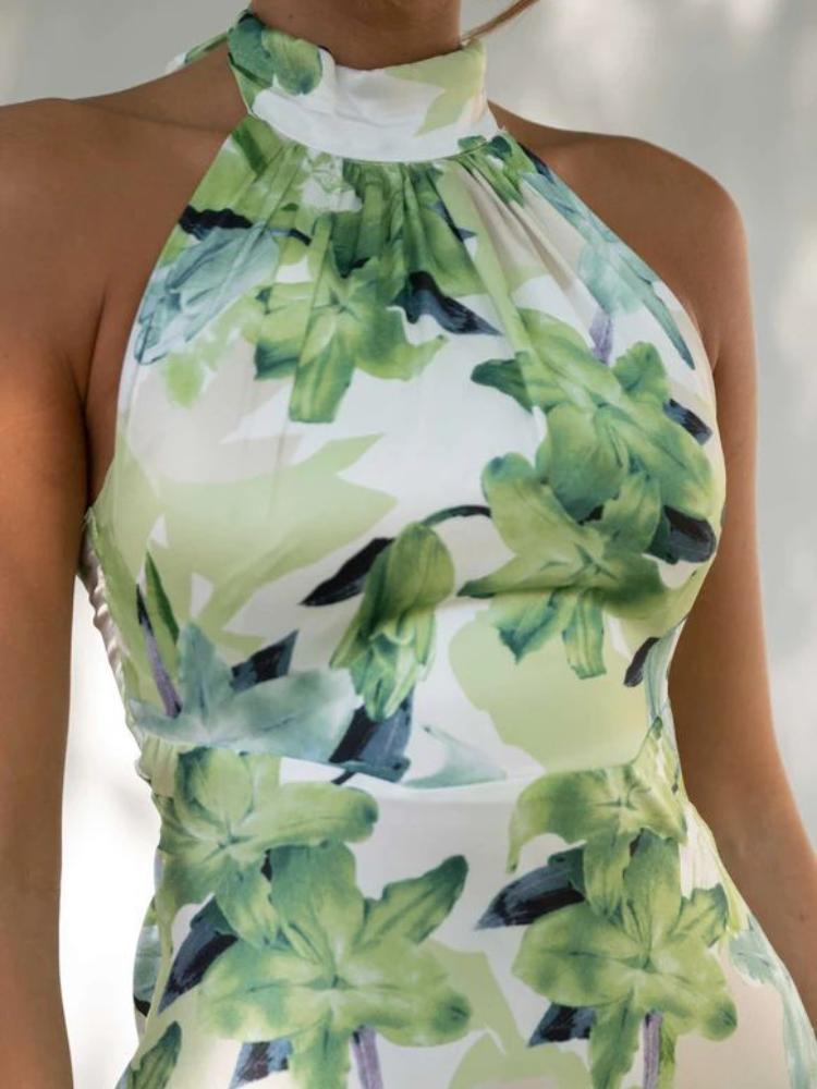 Timeless Renata Printed Halterneck Midi Dress in Backless Satin Statement Occasion Edit